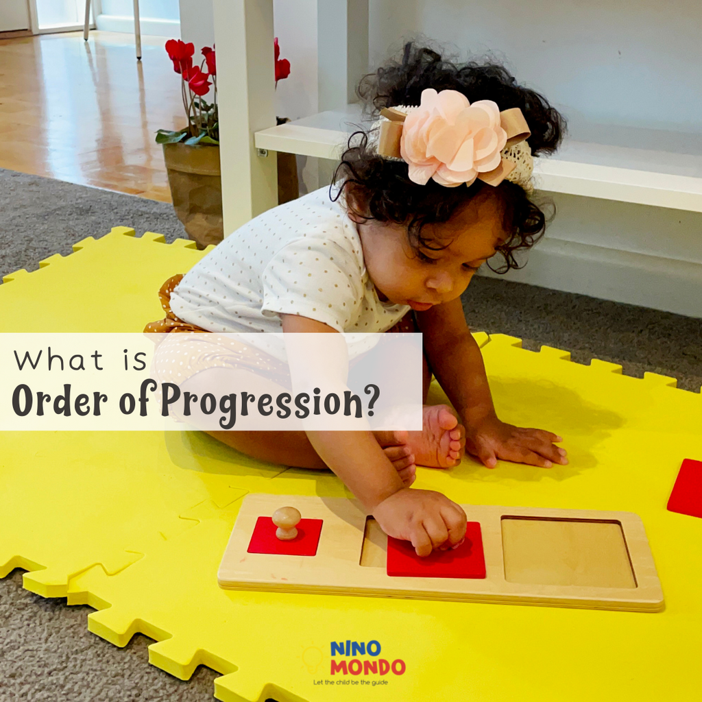 What is Progression Order in Montessori? - 8 month old girl child playing with single shape progression Square Montessori wooden puzzle 