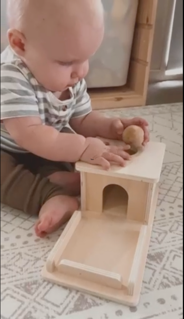 6 month old child playing with Object Permanence Box